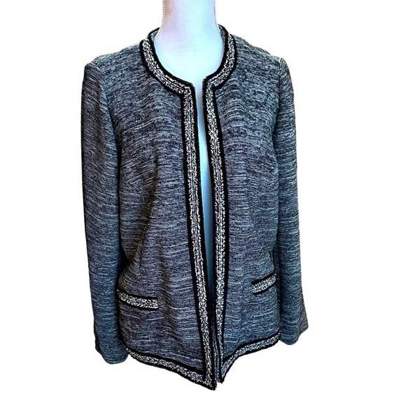 Talbots - Black Tweed Knit Open Front Cardigan Blazer with fringe trim - Picture 1 of 11